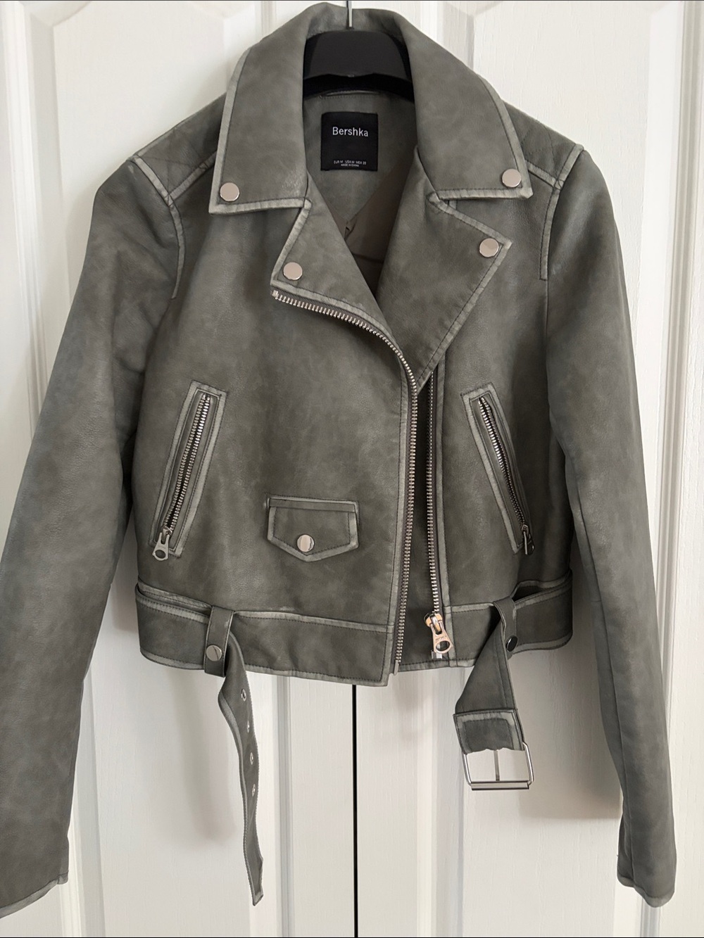 Bershka Women's Grey Vegan Leather Moto Jacket